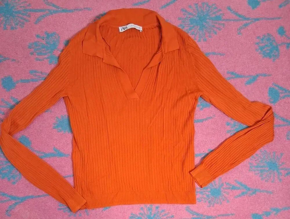 Zara womens small ribbed fitted longsleeve viscose top rust orange papaya